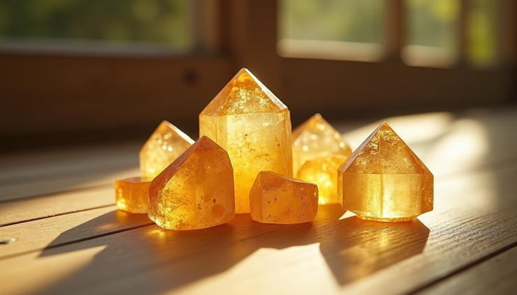 Eye-level view of citrine crystals arranged on a wooden surface with sunlight highlighting their colors
