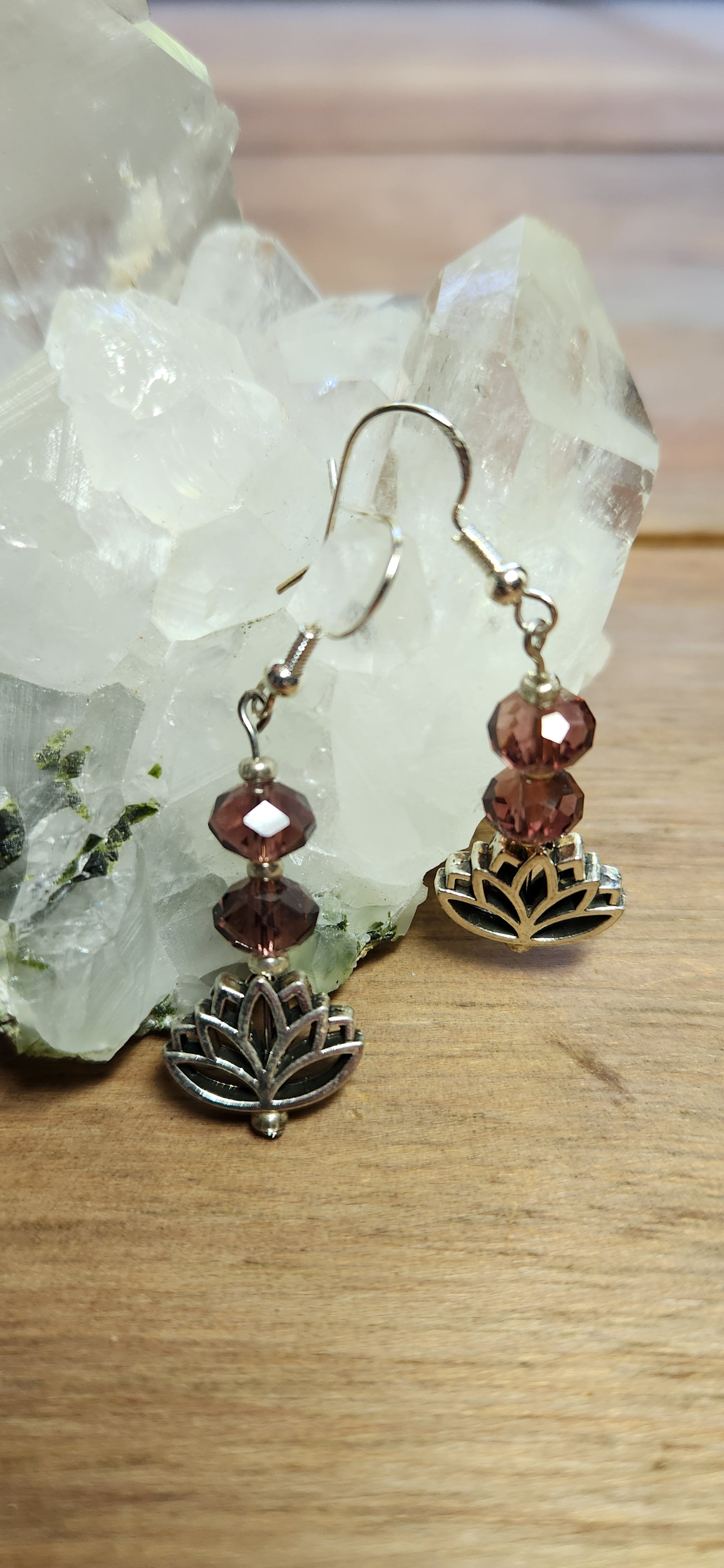 Purple Faceted Crystal Silver Lotus Earrings