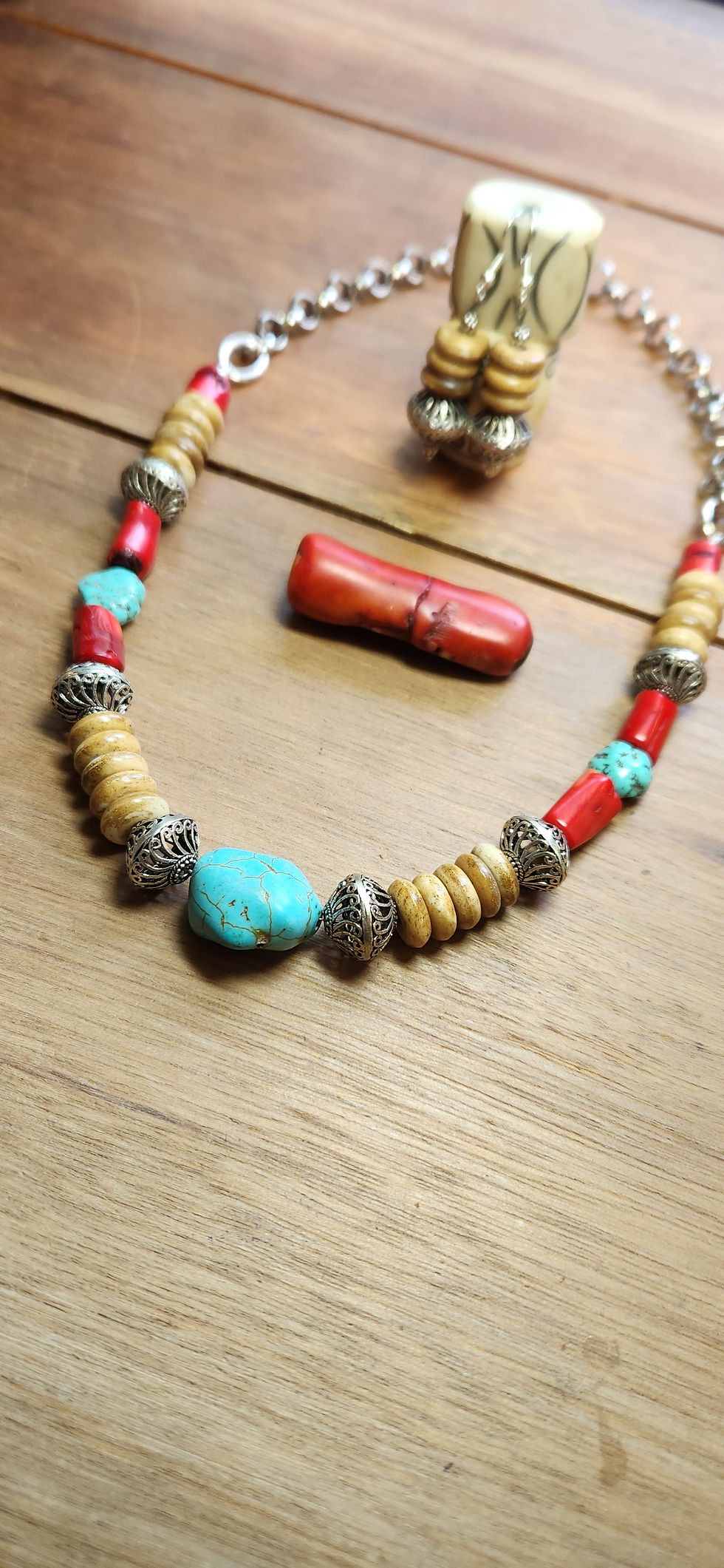 Thumbnail: Batik Bone Turquoise Coral Silver Necklace Earring Set