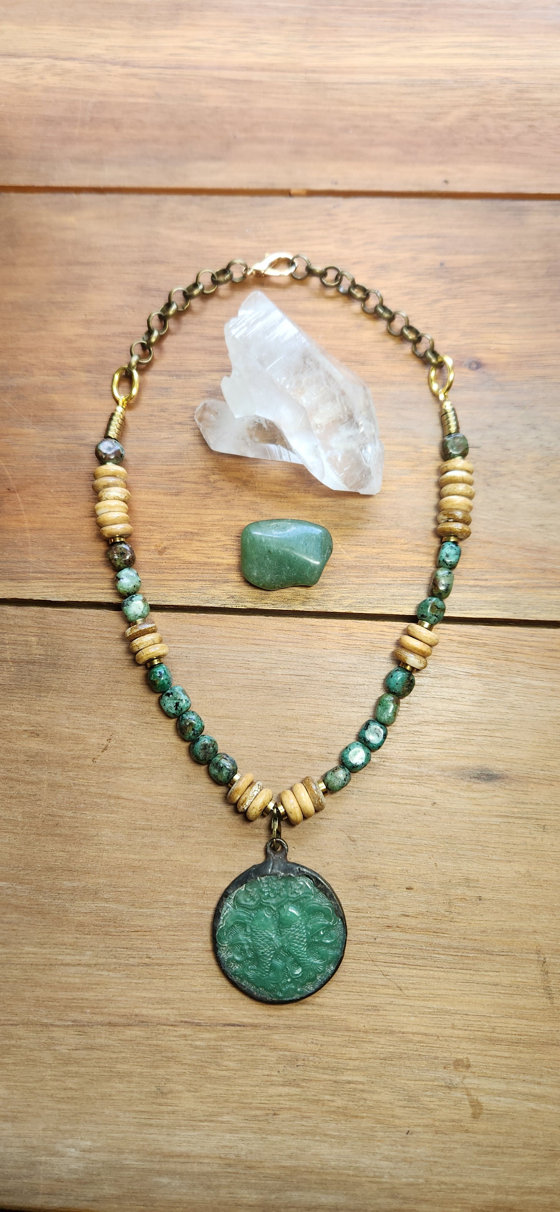 Jade Koi Pendant Batik Bone Jasper Necklace