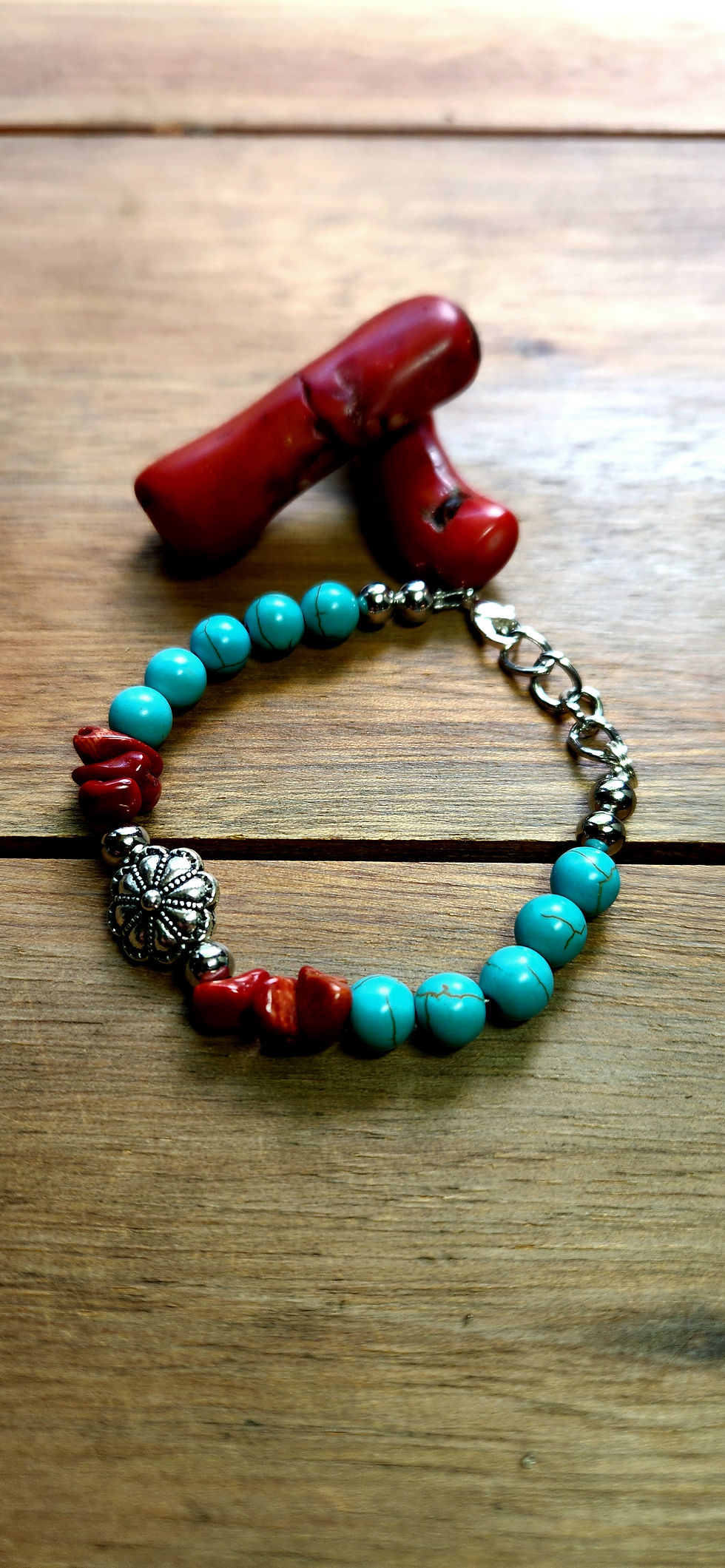 Thumbnail: Turquoise Howlite Red Coral Silver Bracelet