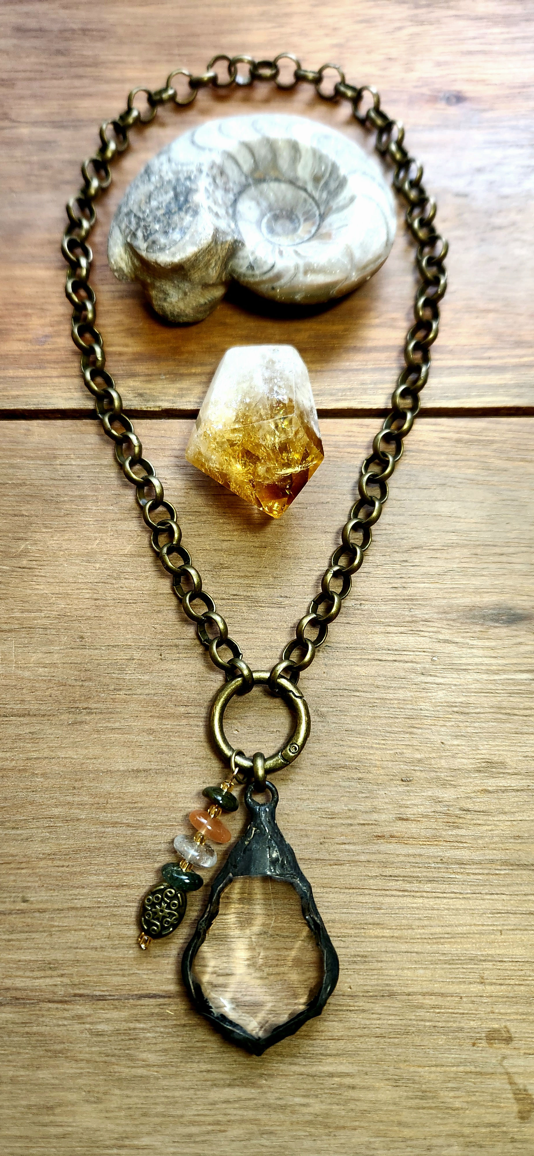Bronzed Boho Necklace with Vintage Hand Soldered Crystal Pendant