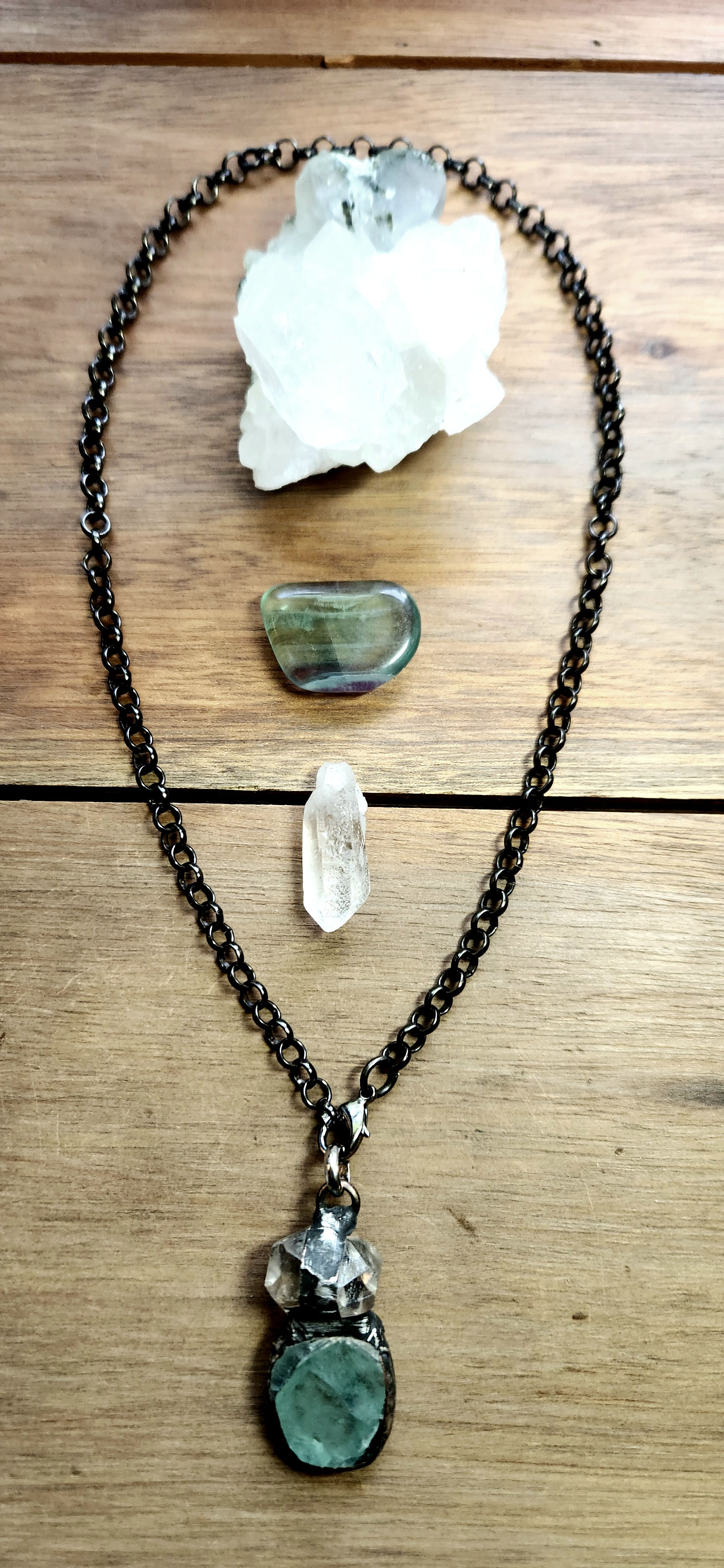 Hand Soldered Quartz and Fluorite Pendant on Oxidized Silver Chain