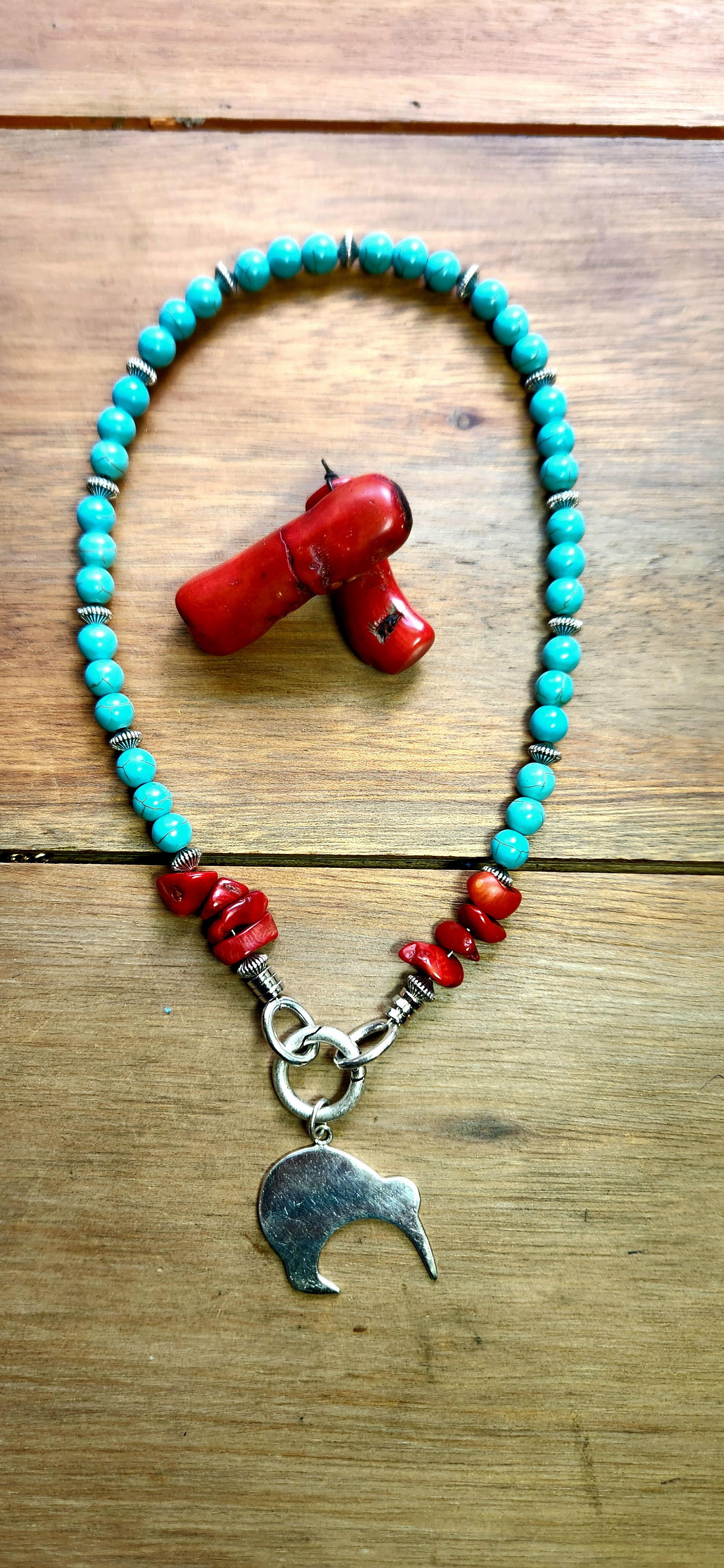 Turquoise Howlite Red Coral Silver Necklace