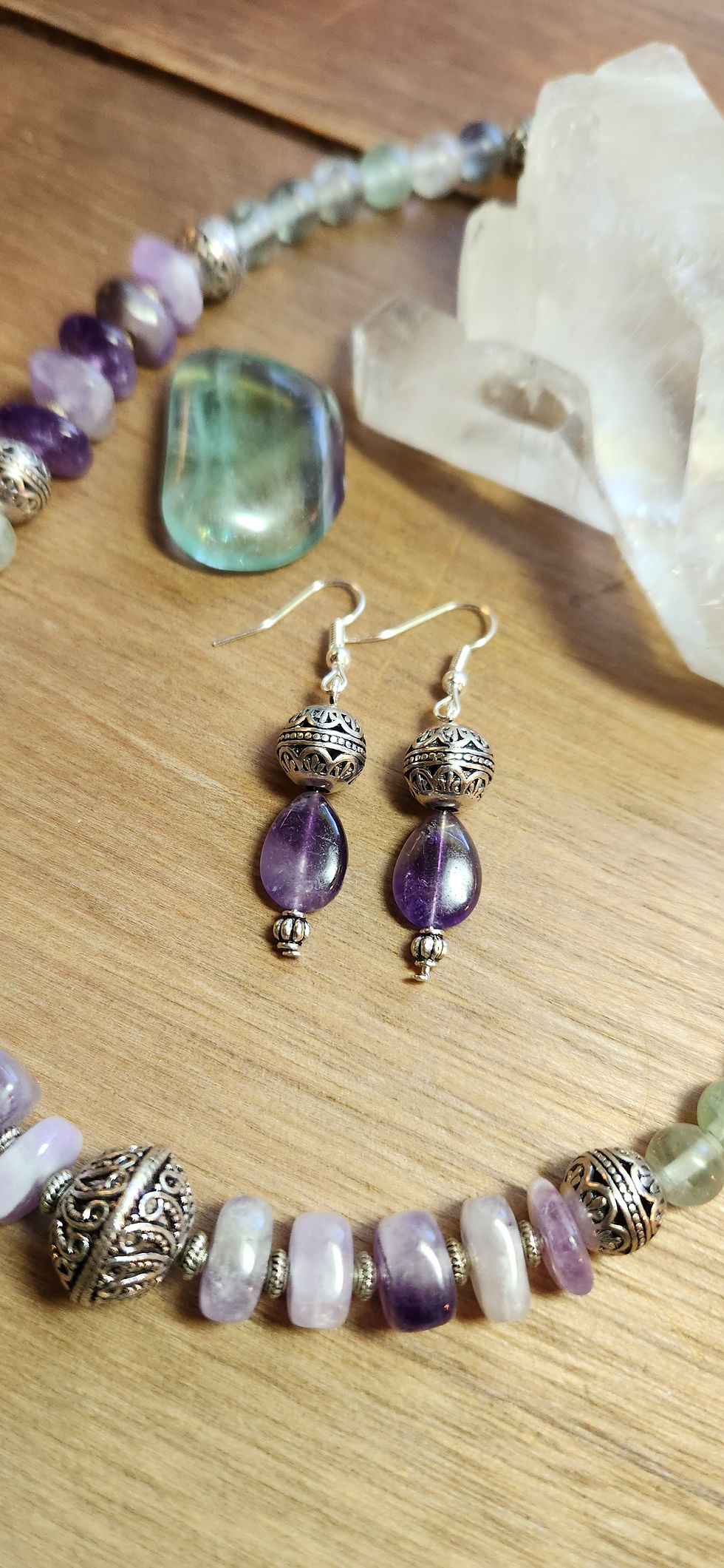 Thumbnail: Fluorite Amethyst Silver Necklace Earring Set
