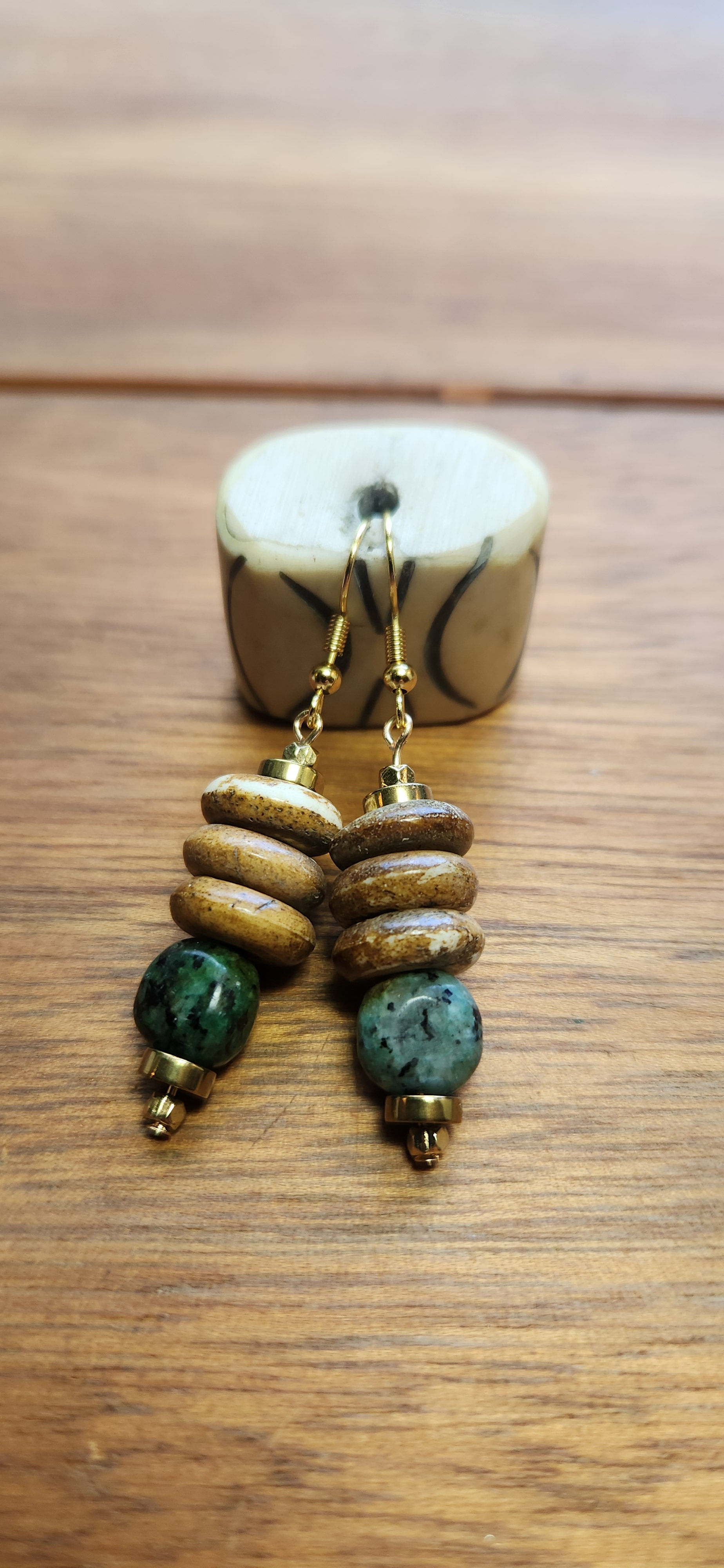 Batik Bone African Turquoise Jasper Gold Earrings