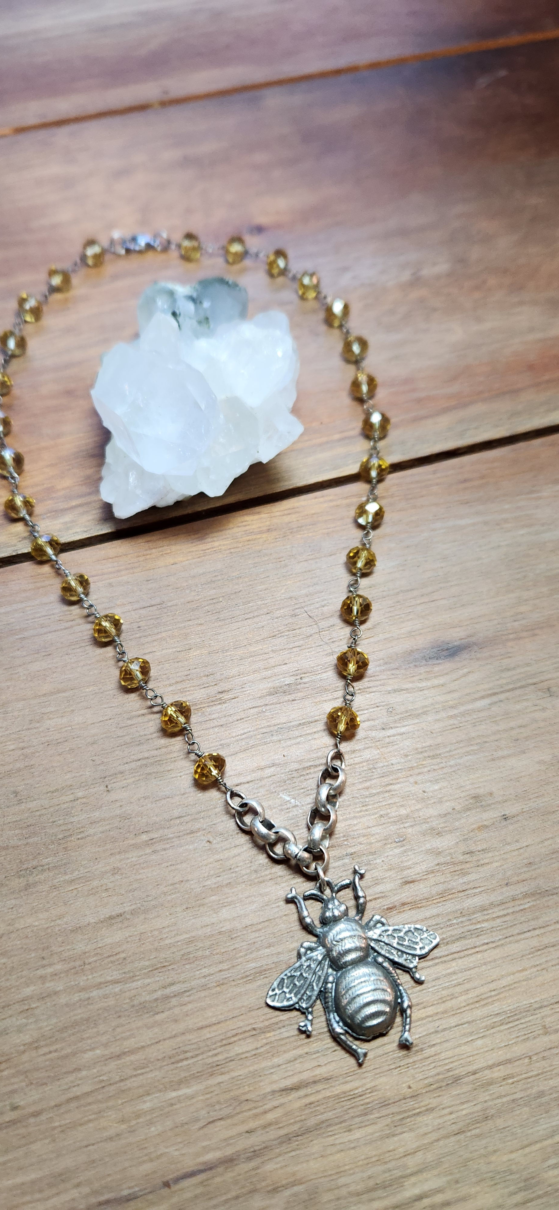Honey Toned Faceted Crystal Rosary Style Silver Bee Necklace