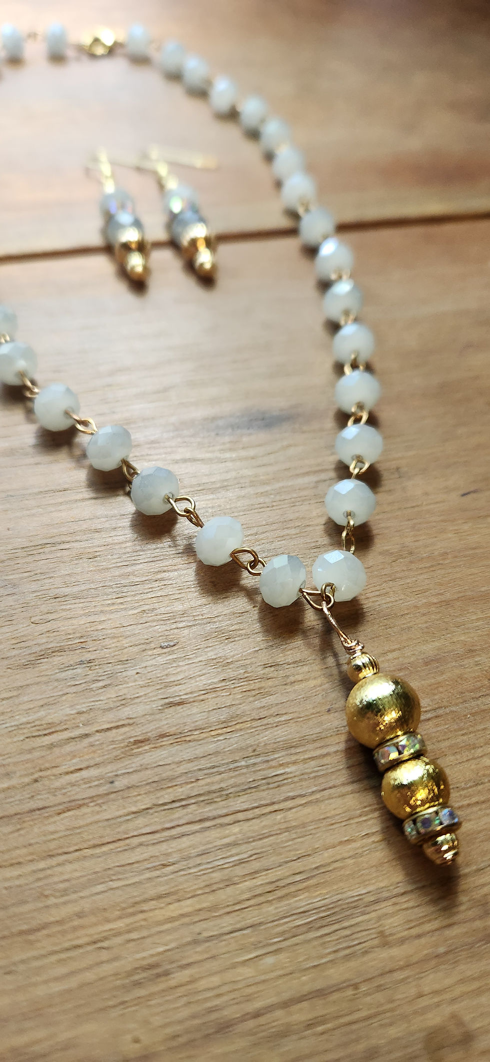 Thumbnail: Crystal Rosary Style Gold Necklace Earring Set