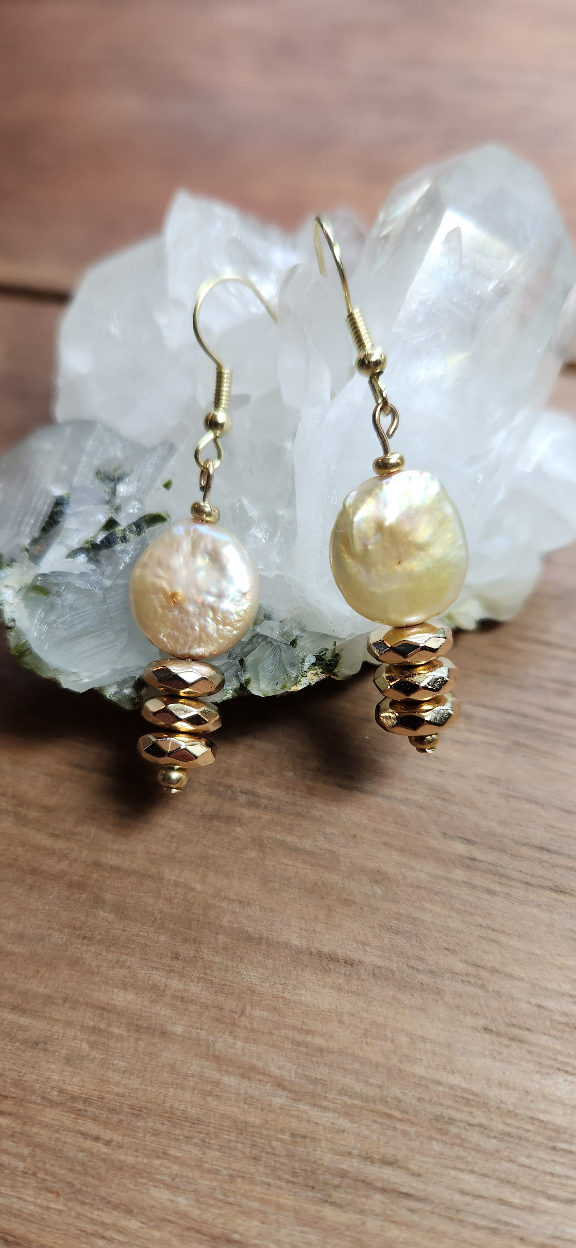 Champagne Freshwater Coin Pearl Gold Earrings