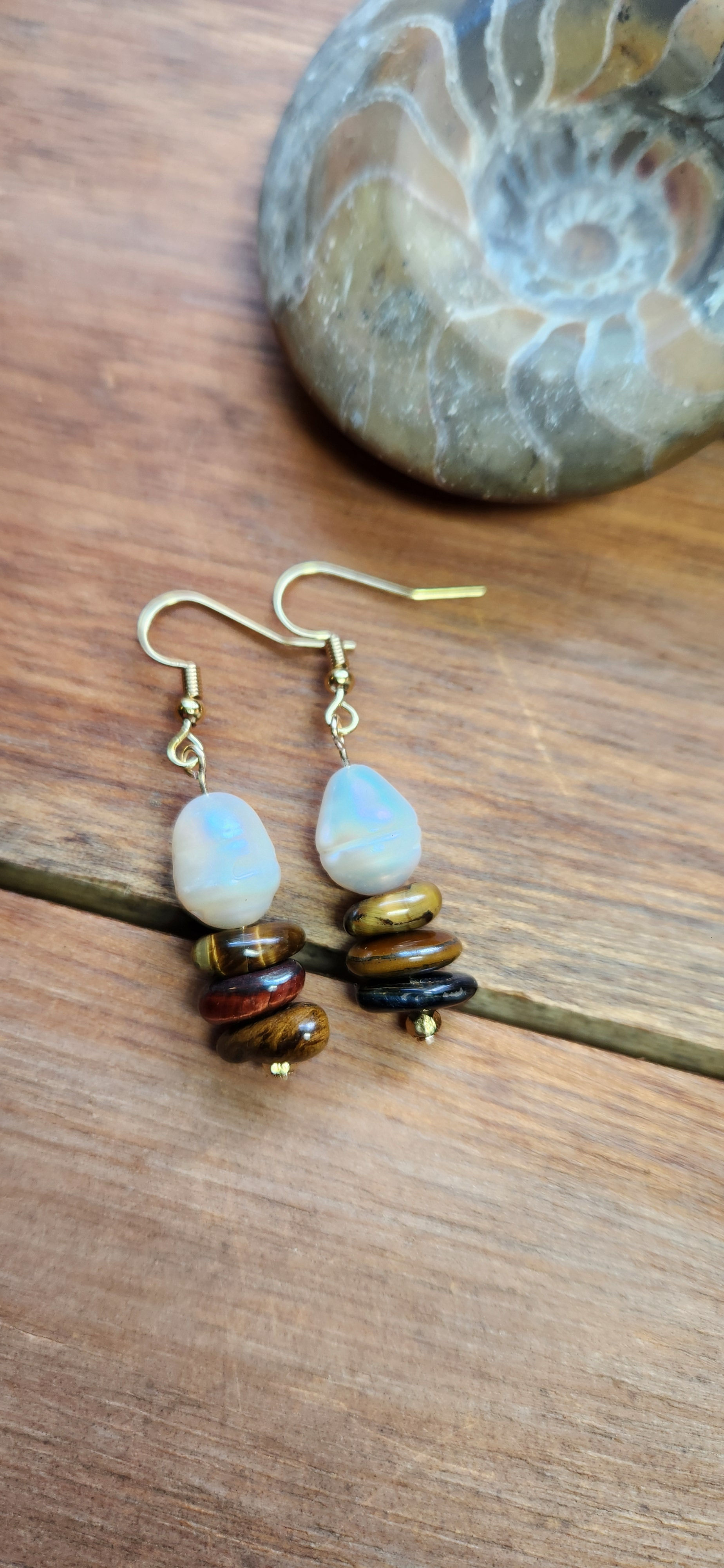 Tigers Eye Pearl Gold Earrings