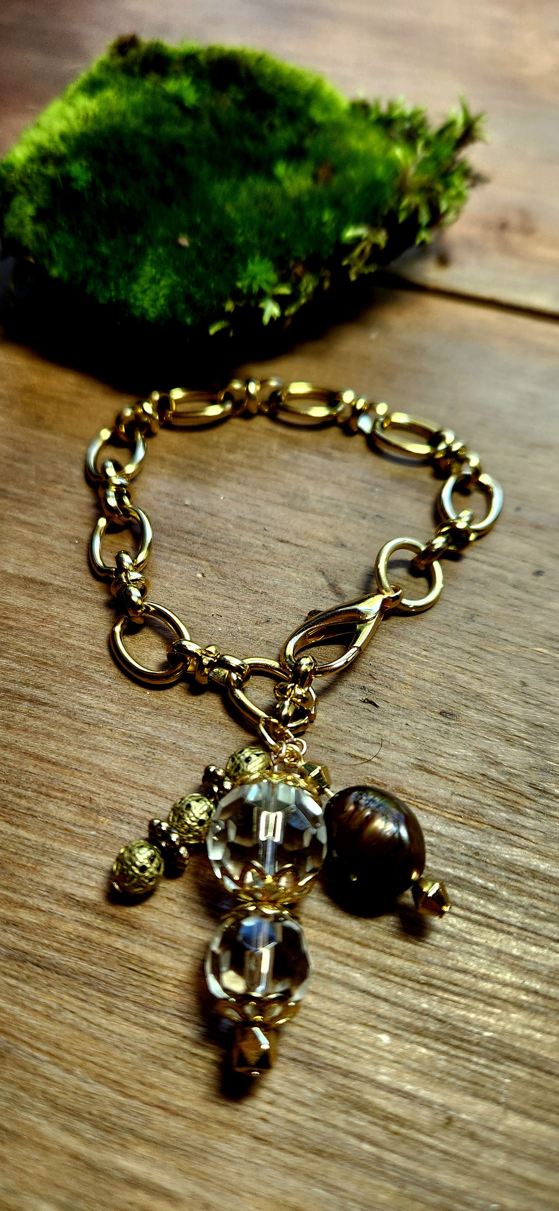 Gold Link Chain Crystal Bronze Pearl Bracelet