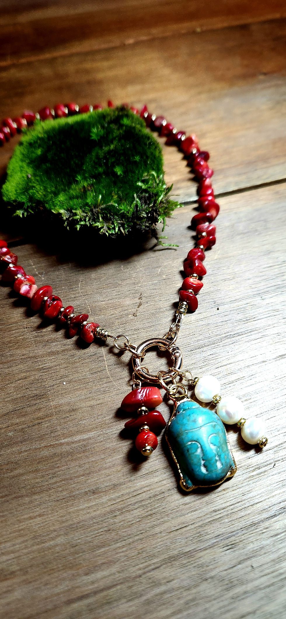 Thumbnail: Red Coral Turquoise, Pearl Buddha Necklace