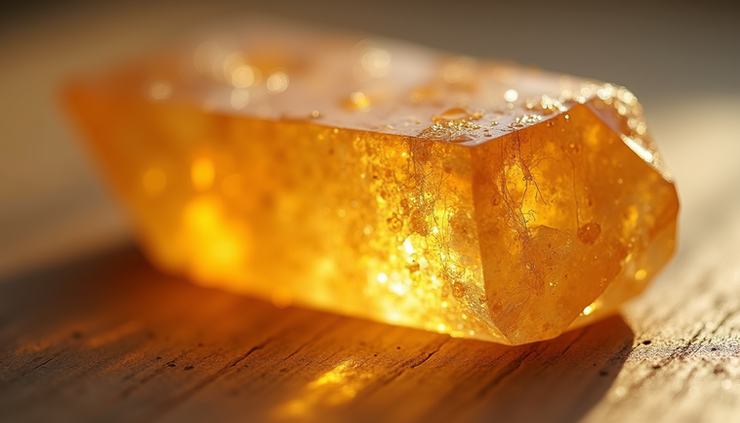 Close-up view of a polished citrine crystal showing its golden hues