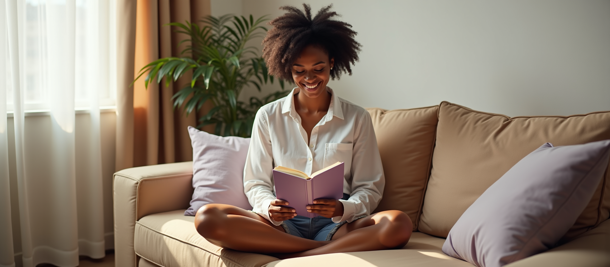 woman sitting on sofa and read book