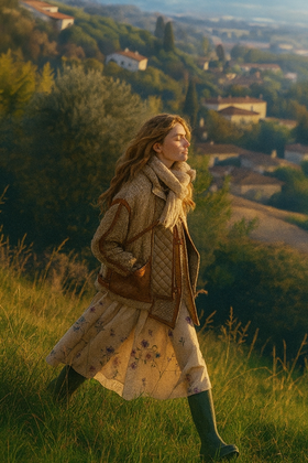Mujer caminando al atardecer por un campo en la Toscana, con chaqueta de cachemir beige y bufanda gruesa, falda floral y botas verdes. Imagen evocadora del lujo silencioso y la artesanía italiana, asociada al caso judicial de Loro Piana sobre ética y sostenibilidad en la cadena de suministro.