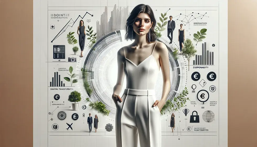 Imagen sofisticada y moderna que combina moda y datos, mostrando a una modelo femenina en un elegante traje blanco frente a un fondo interactivo de gráficos y símbolos económicos. La escena incluye representaciones visuales de crecimiento, como gráficos de barras y cifras monetarias, junto con iconos de productos y personas en trajes de negocios, subrayando el impacto significativo del sector moda-retail como motor económico y generador de empleo en España