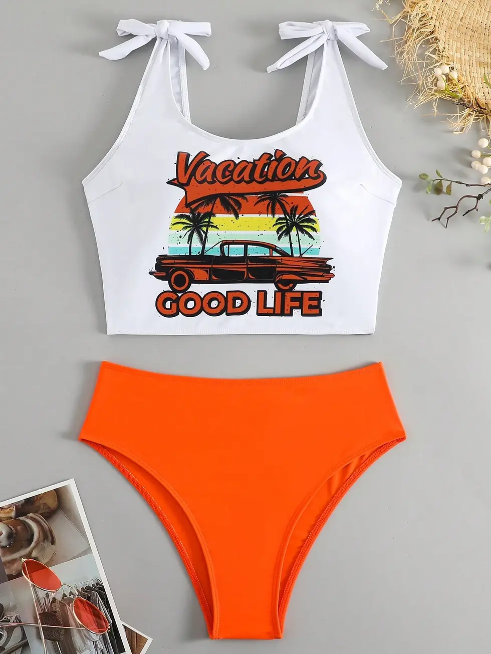 Miniatura: Traje de baño de 2 piezas color naranja con blanco con estampado en top.