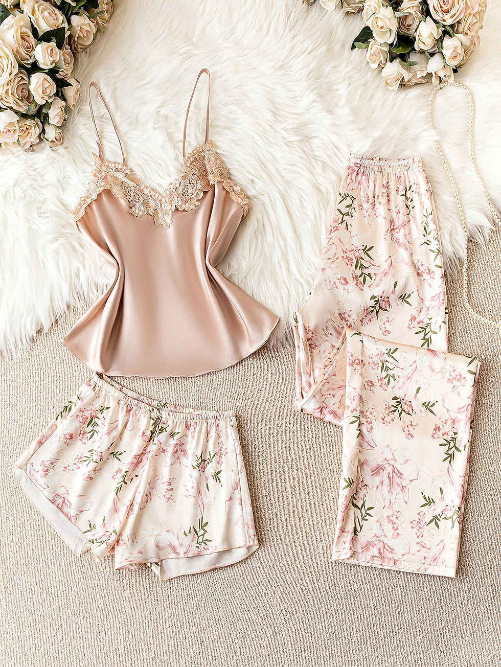 Conjunto de pijama/traje de satén con estampado floral y aplicaciones, vacacion