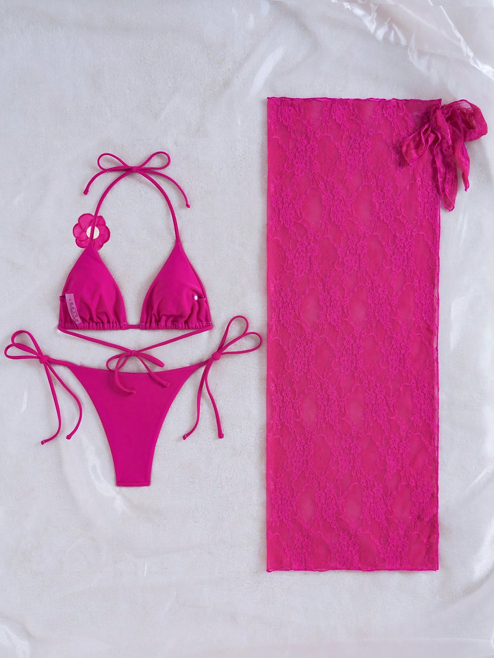 Miniatura: Traje de baño de 3 piezas, color fucsia con decoración floral