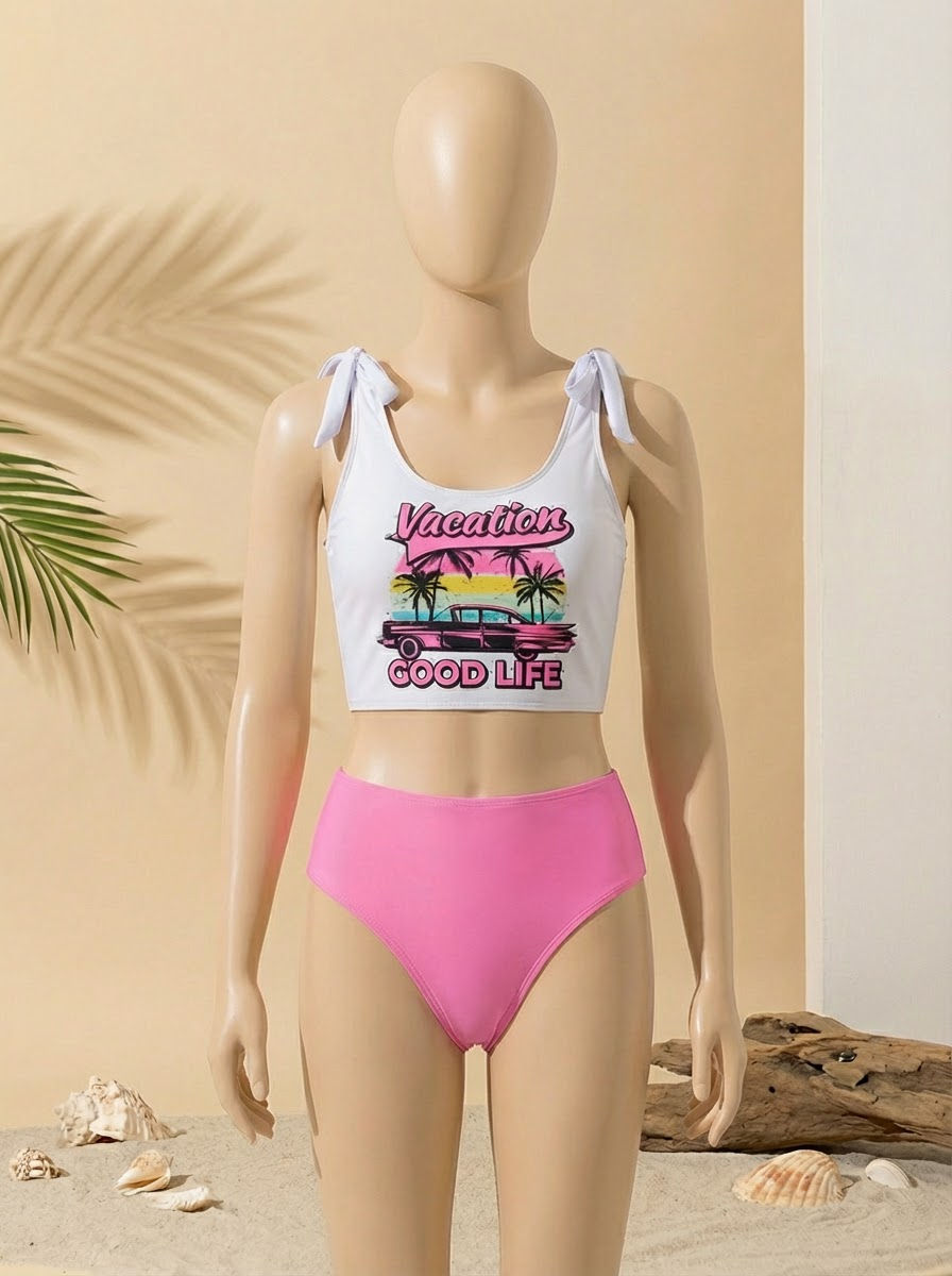 Traje de baño de 2 piezas con estampado en top, color blanco y rosado