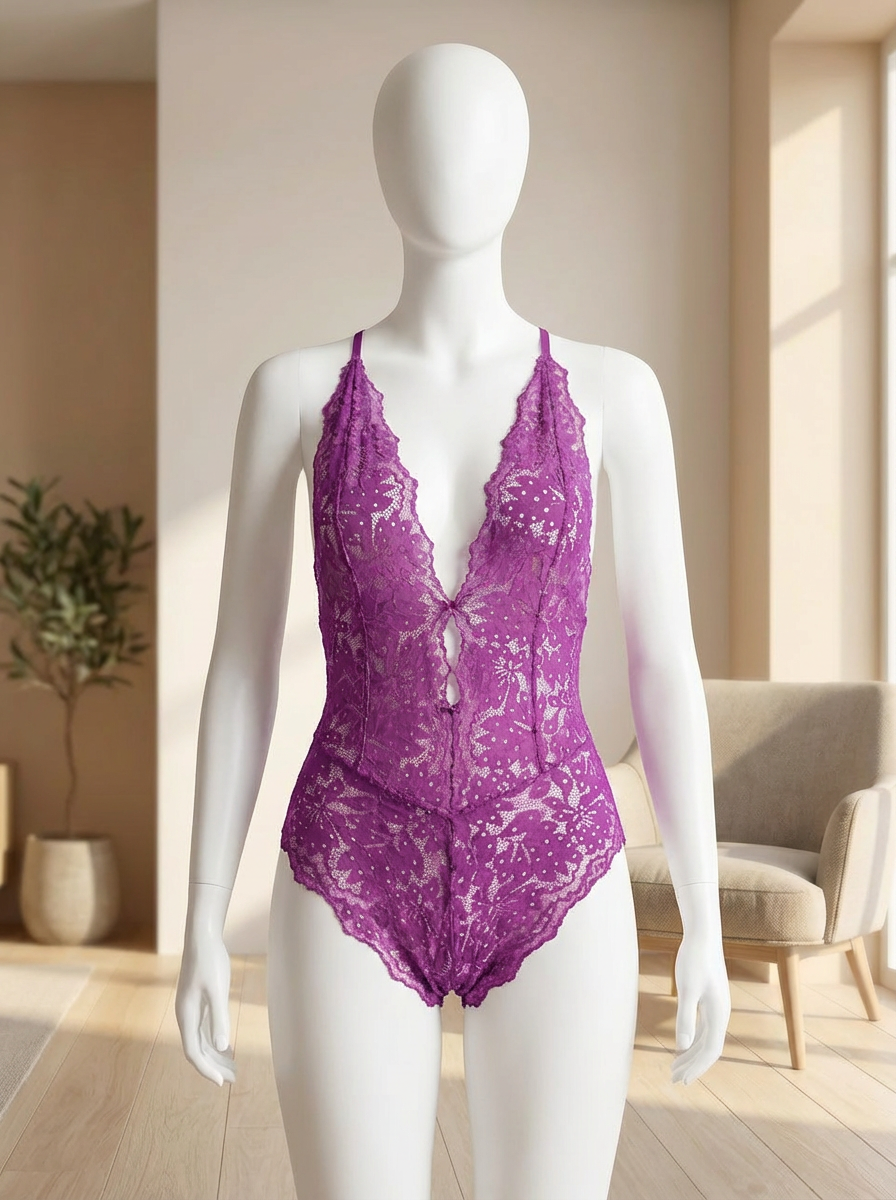 Miniatura: Lencería tipo body sin entrepierna con escote halter, espalda descubierta y tir