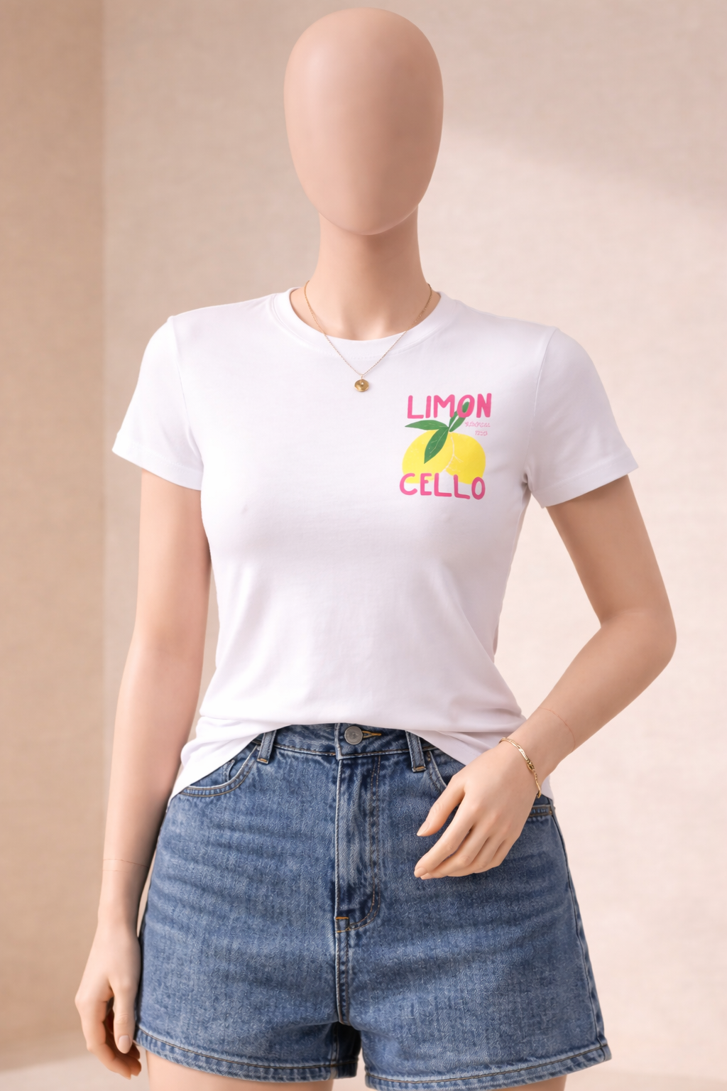 Camiseta blanca de mujer de manga corta y cuello redondo, Limoncello