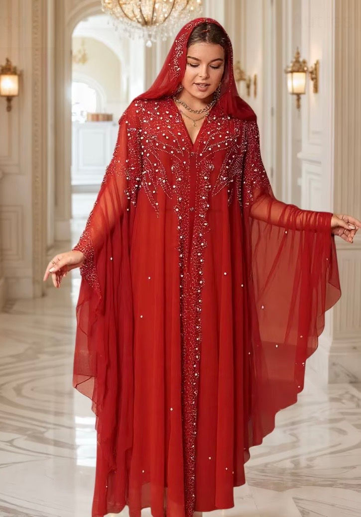 Miniature : Abaya rouge perlée transparente