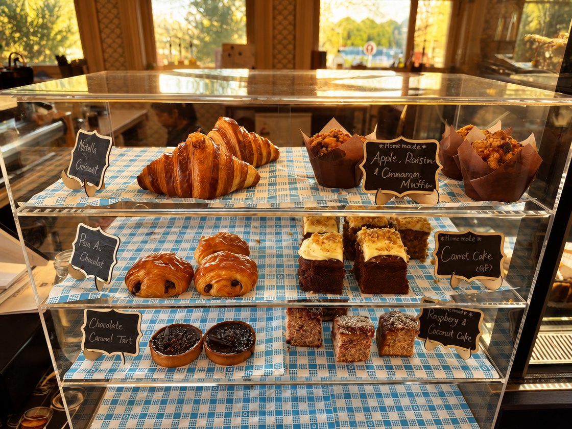 The pastry cabinet, croissants, pain au chocolat, muffins, cakes and tarts on chalk-labelled shelves