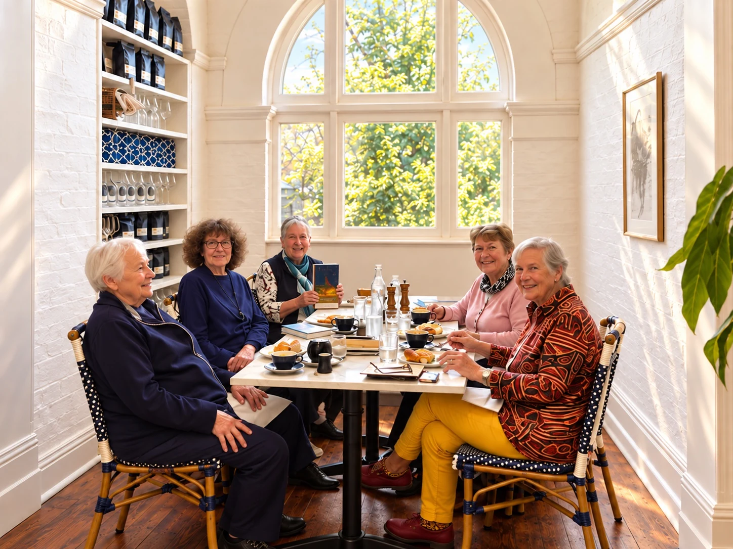 The local book club girls sharing a meal, with a guest holding their book beneath the arched window