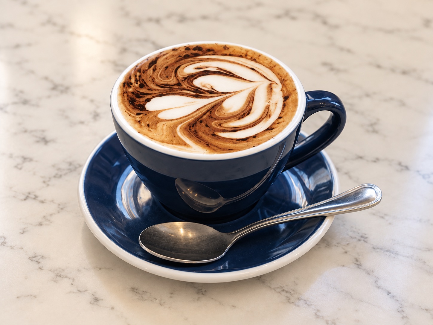 Cappuccino with chocolate and milk swirls in the cafe’s navy blue cup and saucer