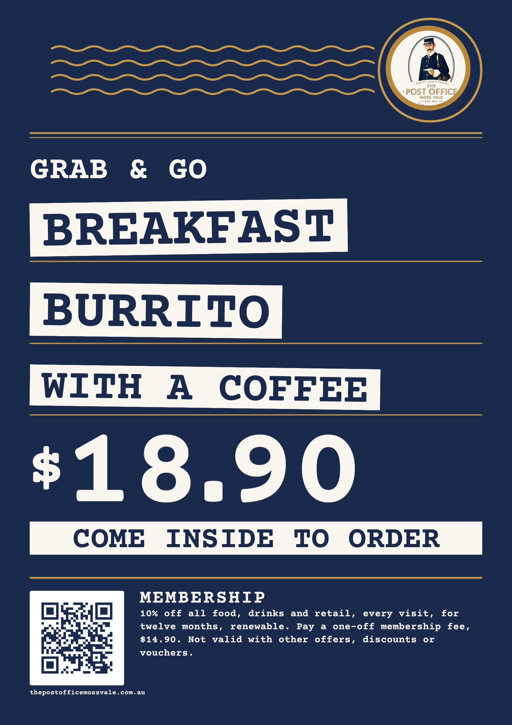 Breakfast Burrito Grab and Go telegram offer, $18.90 with a coffee