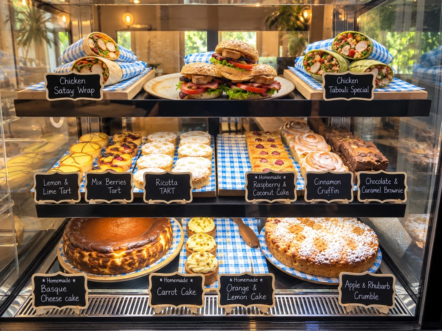 The cabinet: wraps and sandwiches on the top shelf, tarts, cakes and slices on chalk-labelled shelves below