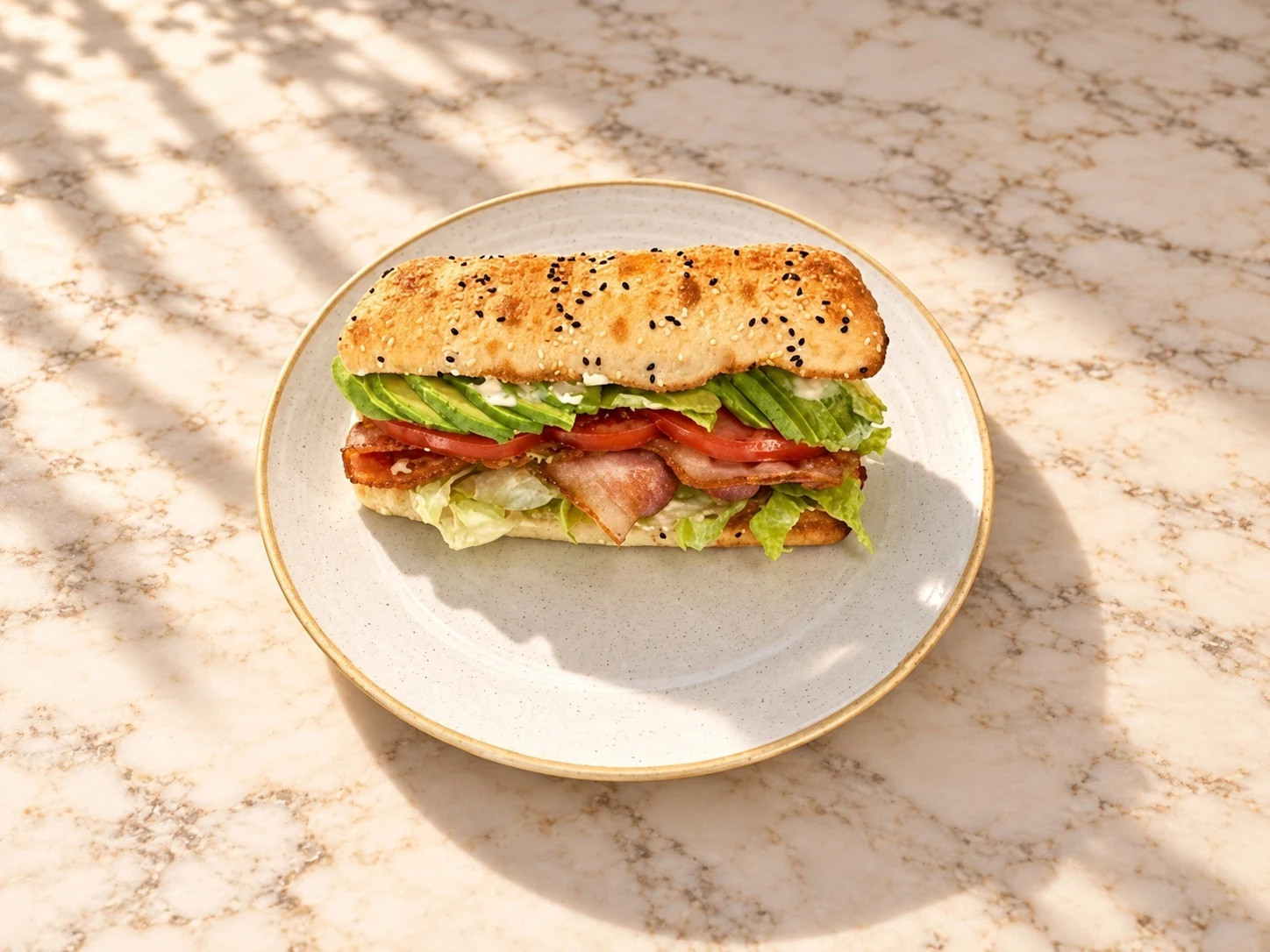 BLAT with bacon, lettuce, avocado and tomato, showing the whole plate