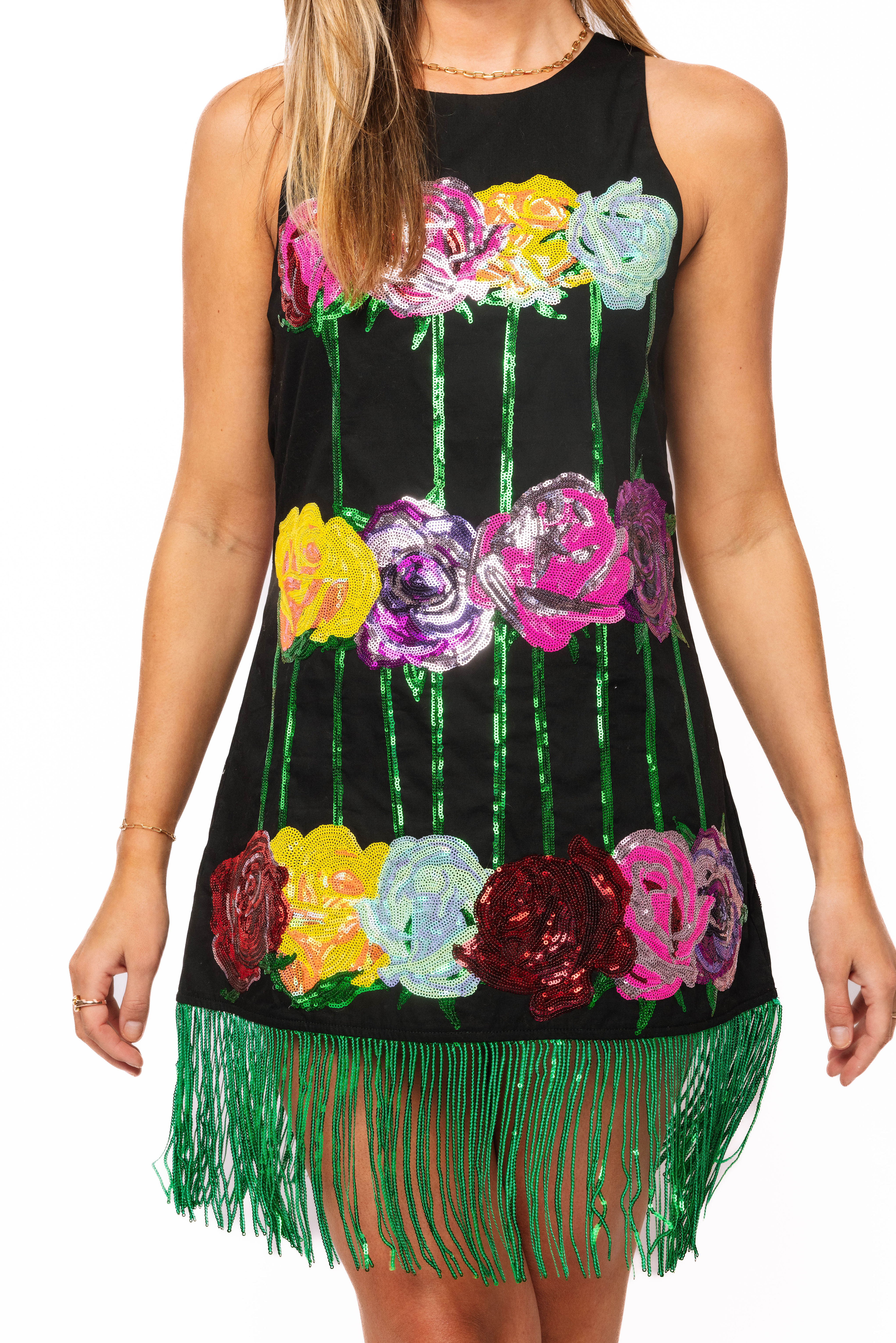 Queen of Sparkles Black Multi Rose Fringe Dress