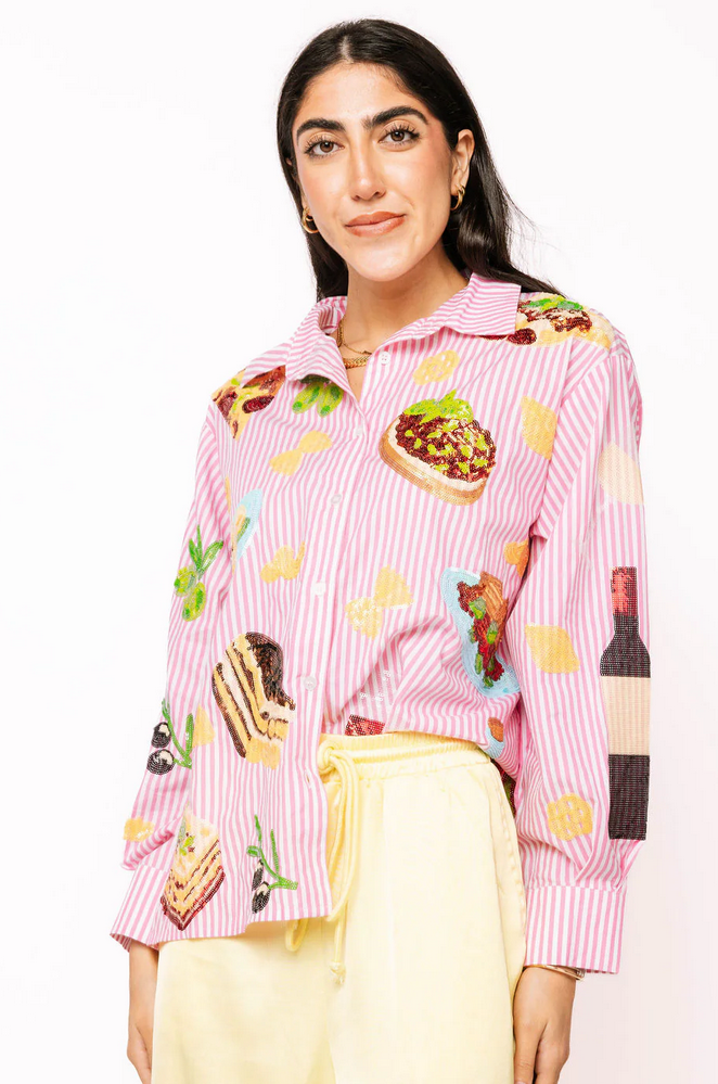Queen of Sparkle Pink & White Striped Italian Food Button Up Cotton Top