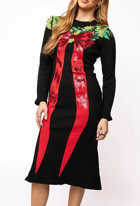 QUEEN OF SPARKLES QOS BLACK ,GREEN, RED SEQUIN WREATH WITH BOW KNIT MIDI  DRESS | Marlo Miller Boutiqu