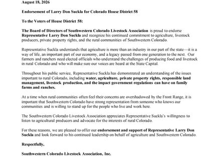 Southwestern Colorado Livestock Association Endores Representative Suckla