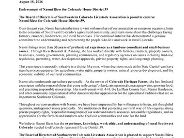 Southwestern Colorado Livestock Association Endorses HD 59 Candidate Naomi Riess