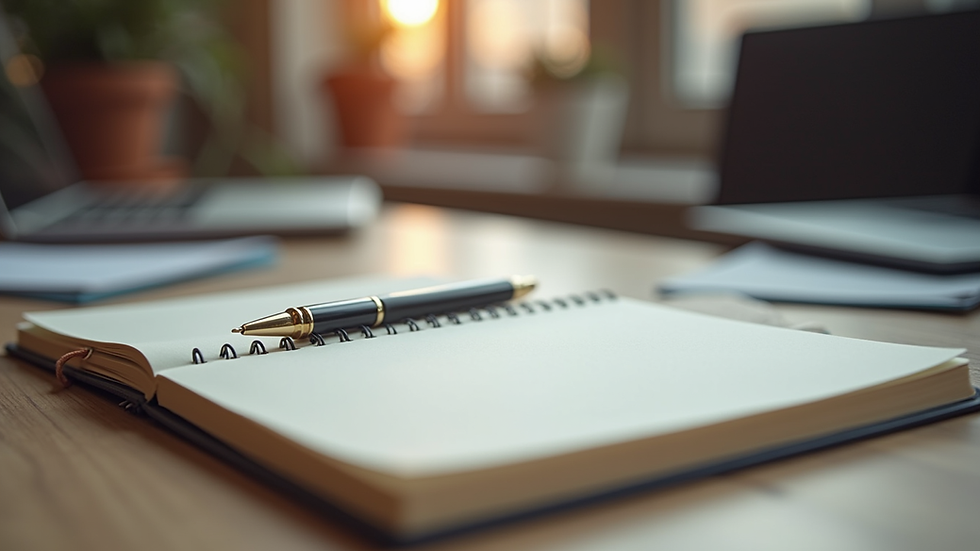 Eye-level view of a notebook and pen on a desk for journaling