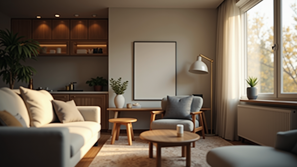 Close-up view of a modern living room with indirect lighting