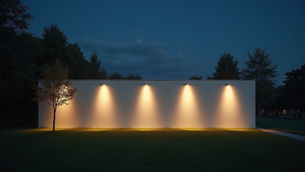 Wide angle view of light-colored exterior wall illuminated at night