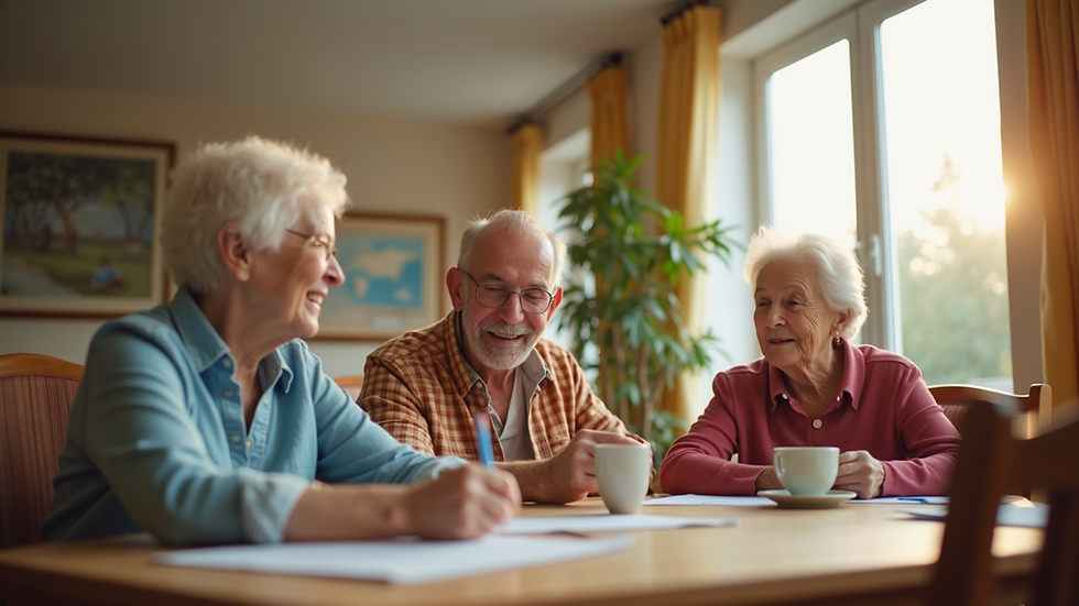 Eye-level view of a cozy assisted living facility with residents engaging in activities