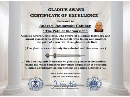 Gladius Award Certificate.The gladius award is only for selected and few Warriors.