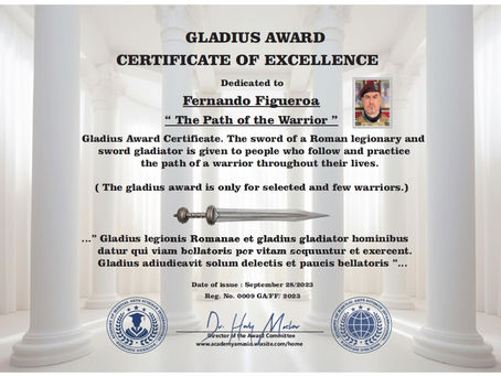 Gladius Award Certificate.The gladius award is only for selected and few Warriors.