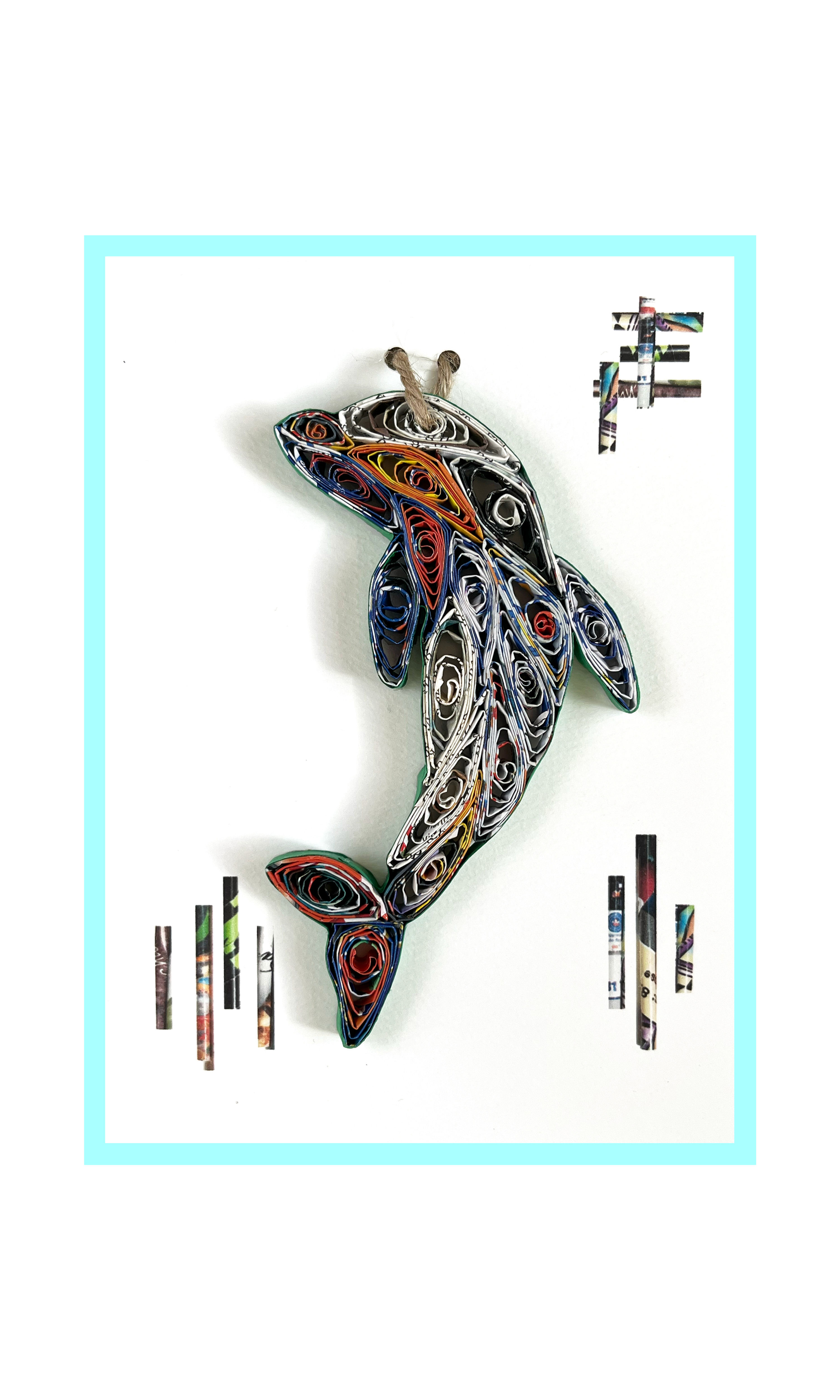 Handmade Recycled Magazine Dolphin Ornament on Card
