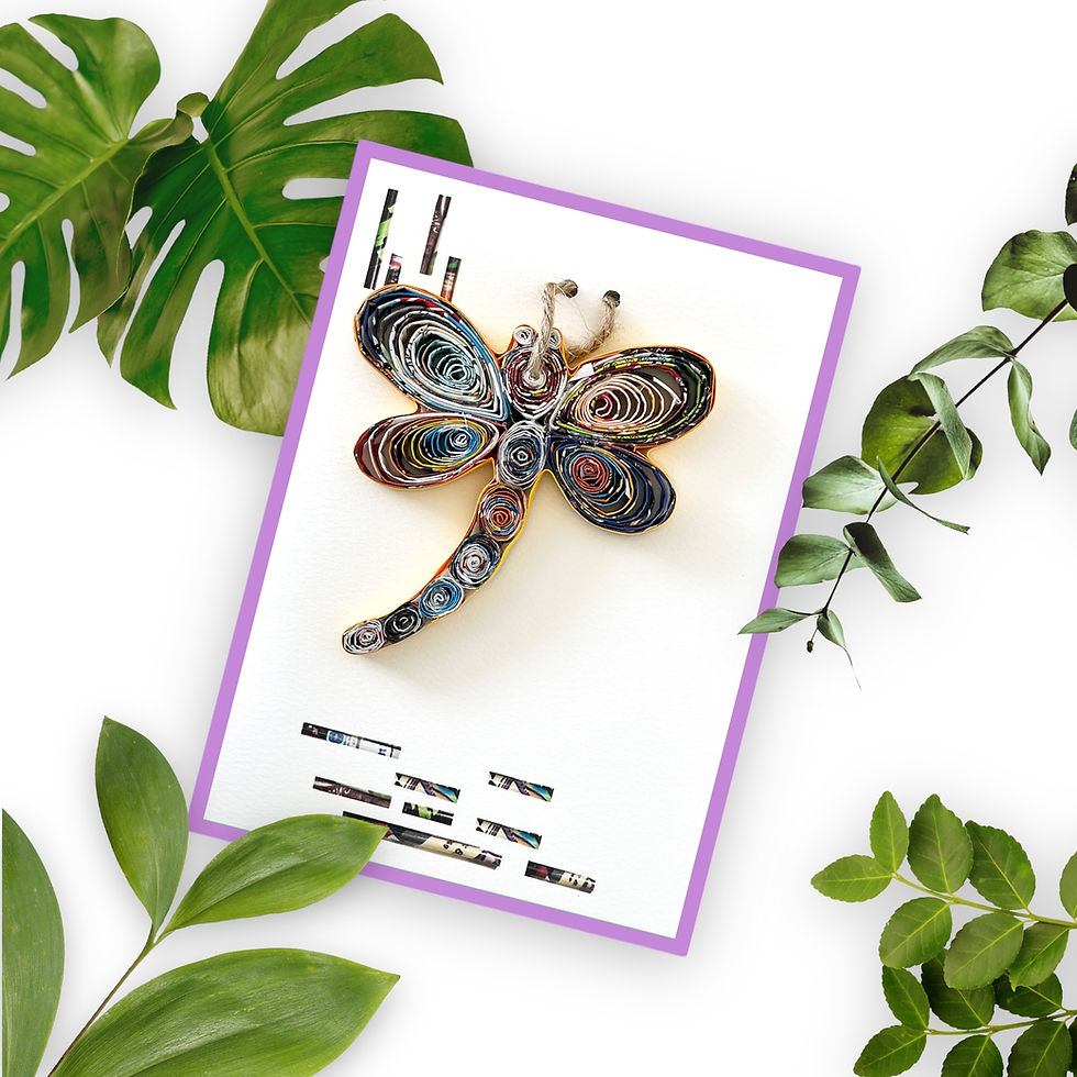 Thumbnail: Handmade Recycled Magazine Dragonfly Ornament on Card