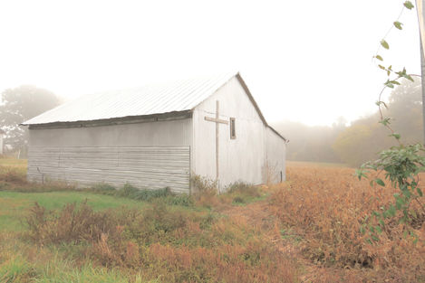 white barn, cross, autumn colors 