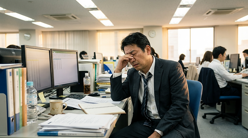 デスクワークで疲労を感じるビジネスパーソン