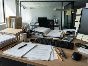 書類が多く散らかったオフィスデスク