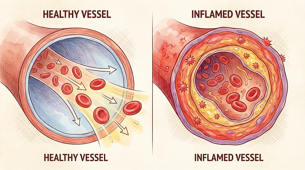 健康な血管(左・滑らか)と炎症を起こした血管(右・内壁肥厚と炎症マーカー付着)の断面比較図。動脈硬化のメカニズムを示す医療イラスト。